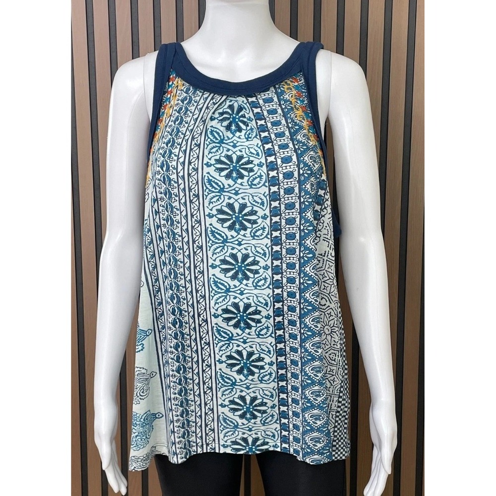Sundance Catalog Women's L‎ Blue Tank Top Linen Paisley Boho Summer Vacation